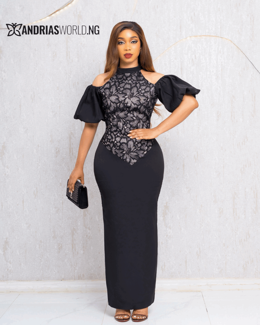BLACK COLD SHOULDER DRESS WITH LACE
